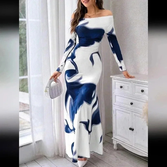 Women's Off-Shoulder Ink Printed Maxi Dress - Picture 1 of 5
